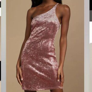 Lulus Dazzle Mauve Pink Velvet Sequin One Shoulder Bodycon Mini Dress MEDIUM